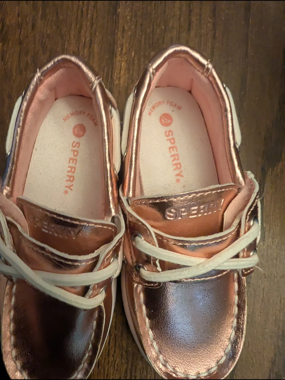 Sperry Girls Metallic Rose Gold Boat Shoes with White Laces